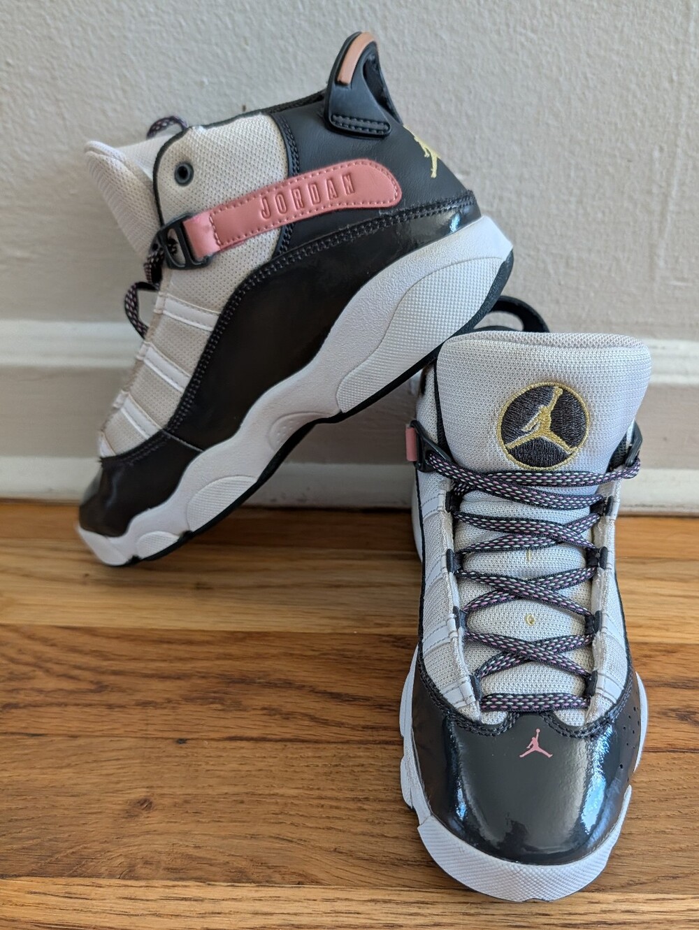 Nike Jordan Kids High Top Sneakers in Black, White & Pink Size 2
